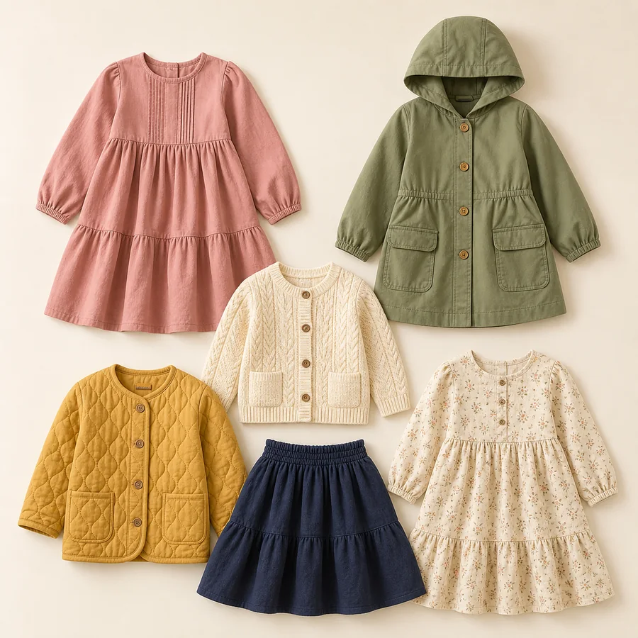 Flat lay of children's dresses, cardigans and lightweight jackets