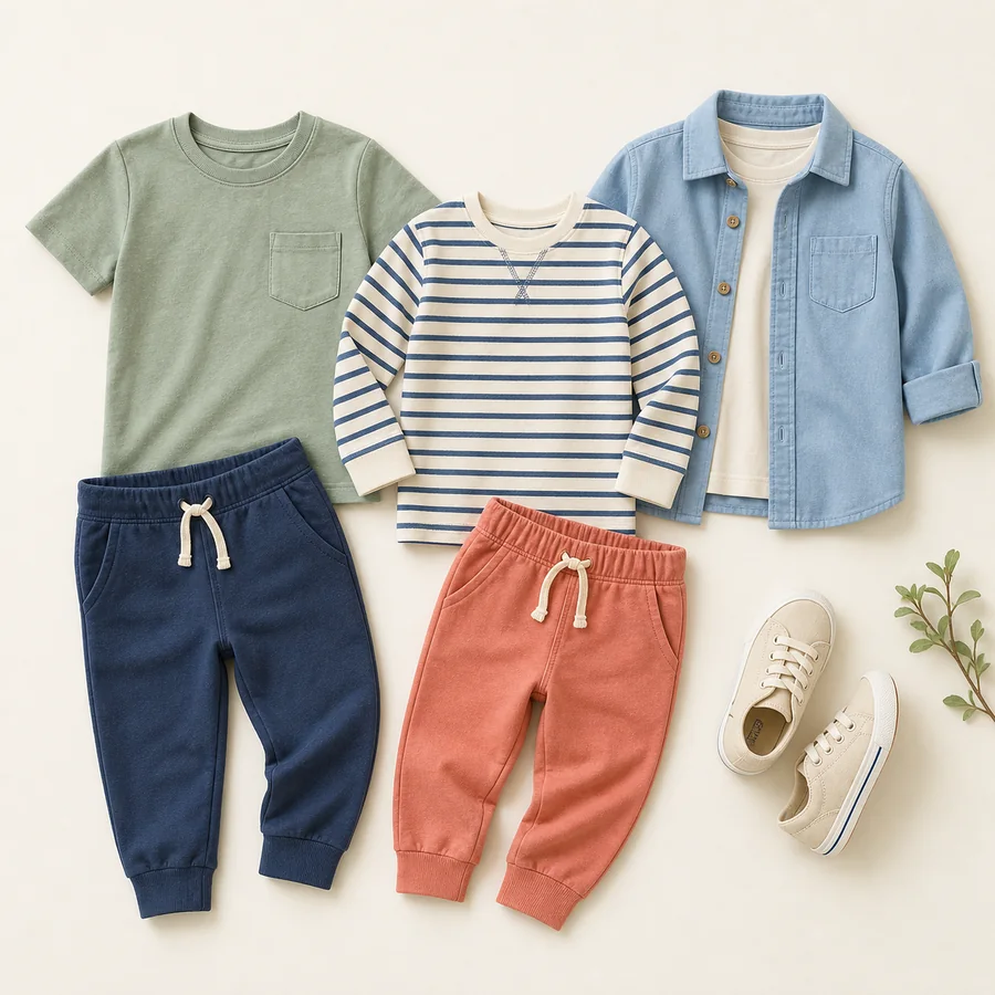 Flat lay of children's everyday tops, shirts and trousers