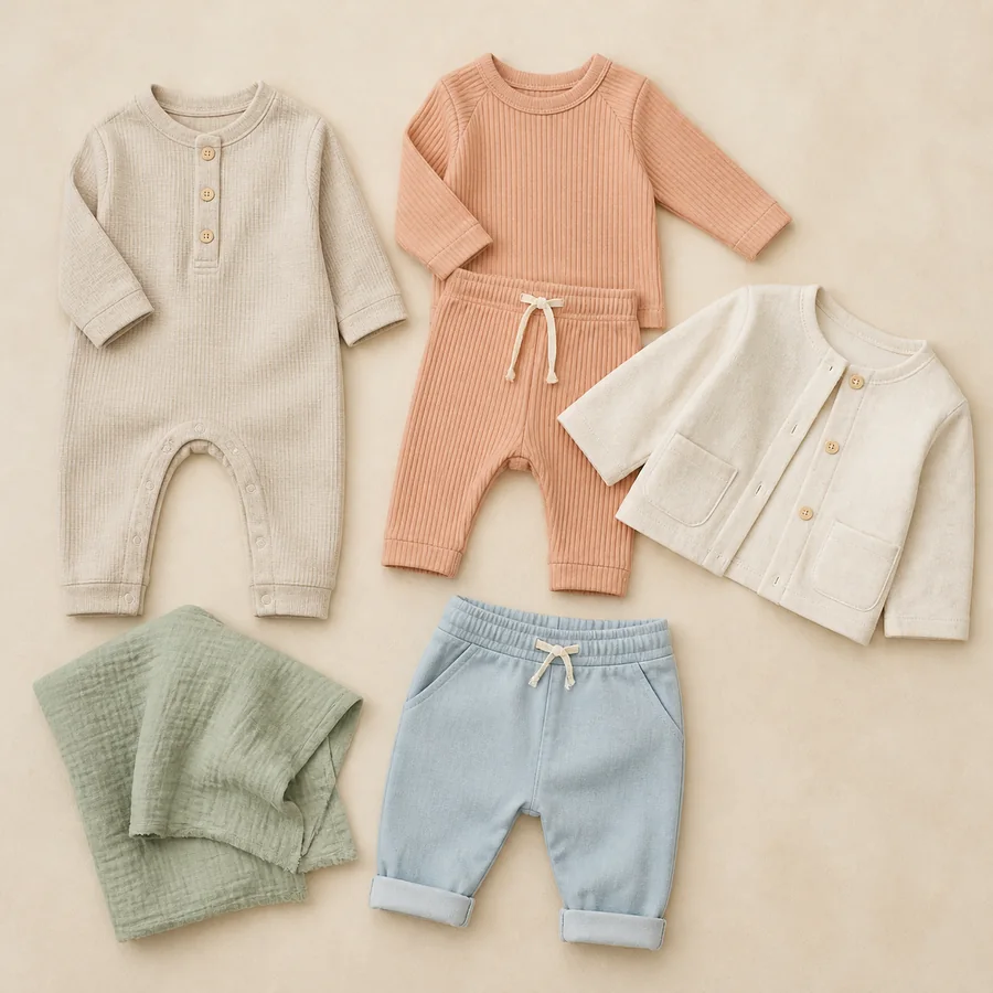 Flat lay of soft clothing sets for younger children